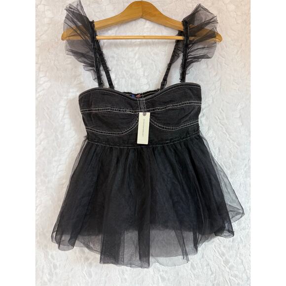 NWT Anthropologie Pilcro Sheer Tulle Babydoll Blouse Top Black Denim Corset XS - Picture 2 of 16